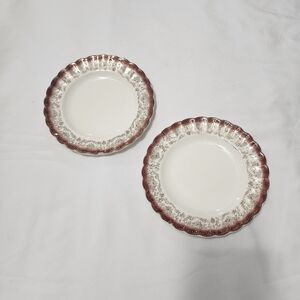 Sebring Pottery 2 Bread & Butter Plates U G Mandarin Maroon K-S 384 22K Gold Vtg